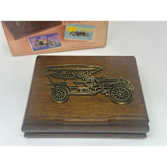 VTG Classic Car Playing Card Set with Wooden Storage Box 2 Decks MCM Decor - Picture 2 of 6